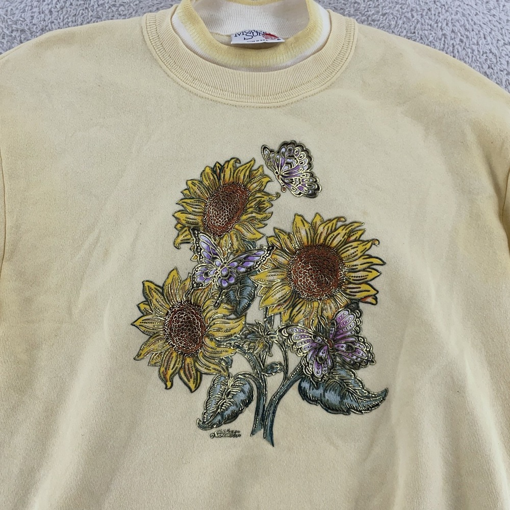 Vintage Morning Sun Sunflower Collared Sweatshirt Womens Medium Butterfly Art